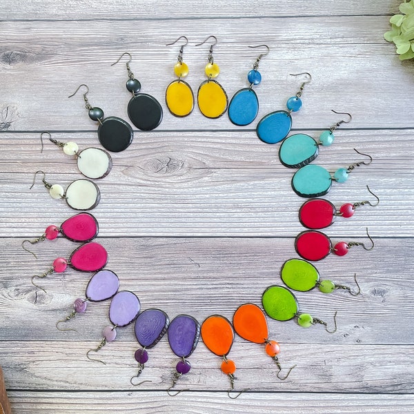 Colorful Tagua Earrings, Birthday Mother’s Day Gifts, Fair Trade Handmade Jewelry, Boho Long Beaded Earrings, Gifts for Her Under 20