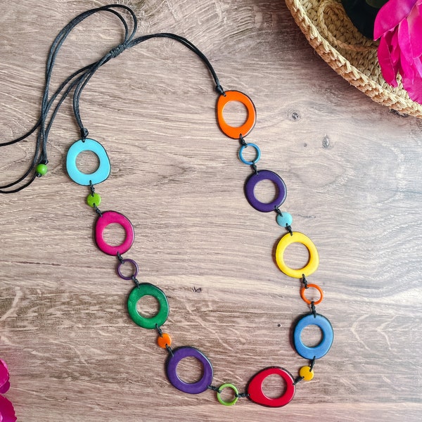 Multicolored Adjustable Long Tagua Beaded Necklace, Birthday Mother’s Day Gift, Fair Trade Handmade Jewelry, Boho Fashion Trend