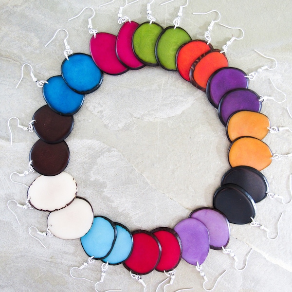 Colorful Tagua Earrings, Sustainable Handmade Jewelry,  Gifts for Her Under 20, Fair Trade Handmade Jewelry, Chunky Long Earrings