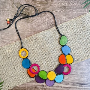 Handmade Tagua Nut Bib Necklace: Multicolor Boho Statement Jewelry