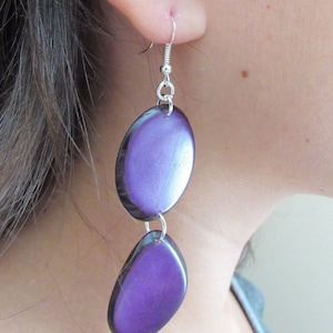 Purple Long Tagua Chunky Earrings, Sustainable Handmade Jewelry, Gifts for Her, Fair Trade Jewelry