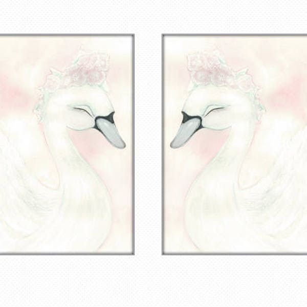 swan large nursery decor- swan girls room print- swan art- floral crown swan- girls room decor- pretty swan art- pink- teal-silver