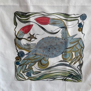 Susannah Cotton Tea Towel 100% Cotton Long Tailed Bird on Blue