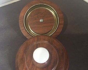 Wooden standard sized jar lids, with porcelain handles 3 3/4" across
