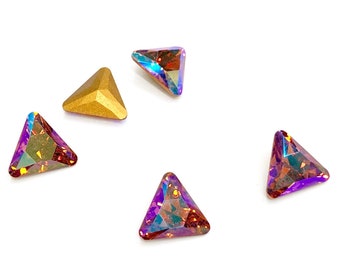 6 Pcs Topaz AB Swarovski Rhinestones, 10mm Triangle Shape, Article #4722, Gold Foiled, Pointed Back, Vintage