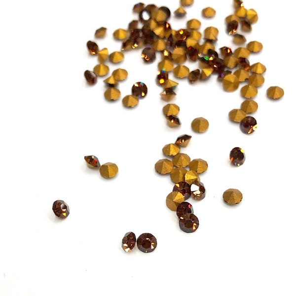 72 Pcs Smokey Topaz Swarovski Crystal Rhinestones, 24pp (3mm) Round, Gold Foiled, Vintage