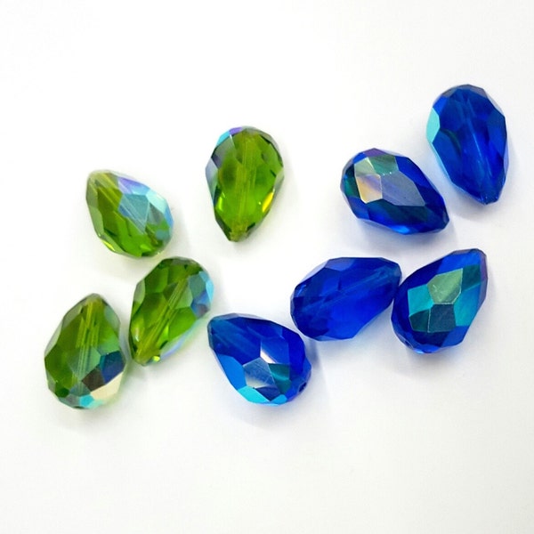 6 Pieces Machine Cut Czech Briolette Drops, Top to Bottom Drilled, Olivine AB and Capri Blue AB, Vintage, 18x12 Teardrop