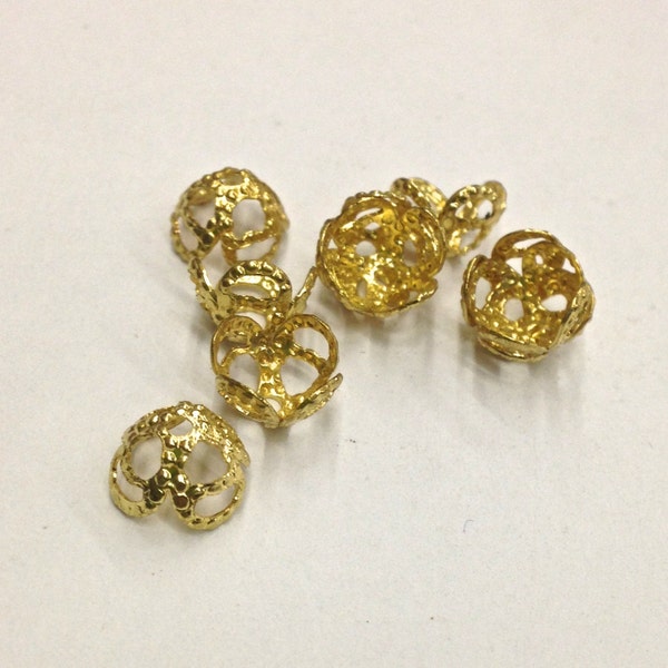 16 Pieces Gold Plated Filigree, Hammer Textured Bead Cap, 7mm, Vintage