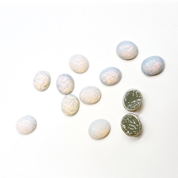 Cabujones de ópalo de fuego blanco de vidrio de 12 piezas, lámina A+ en la parte posterior, ópalo de fuego de pin, hecho en Alemania Occidental, vintage, ovalado de 12x10 mm