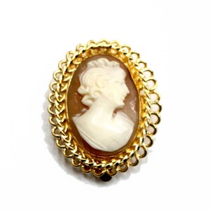 May include: An oval brooch featuring a cream-colored carved profile of a person set against a brown background. The central cameo is framed by a decorative gold-toned metal border with a twisted rope design and an outer scalloped edge.