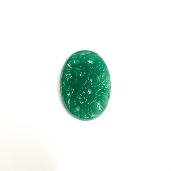 6 Pieces Glass Jade Green Floral Carved/ Etched Cabochon Stones, Made in Japan, Vintage, 18x13mm & 20x15mm Oval