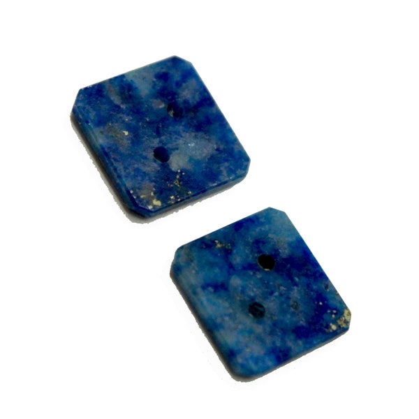 4 Pcs Natural Lapis Lazuli Buttons, 10x10mm Square Octagon, 1mm Holes, Polished Front, B Quality, Vintage