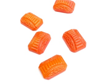 7 Pieces Orange Carved Glass Floral Cabochons, 18x13mm Octagon, 7mm Thick, Flat Back, Vintage