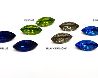 24 Pieces Glass Navettes, 4 Colors, Marquis Shape, Vintage Czech, Gold Foil on Back, 15x7mm