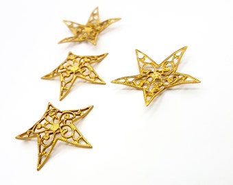 4 Pieces Filigree Star Findings, Boho, Celestial, Raw Brass, Raised, 3D, Floral, Vintage, 22x22mm