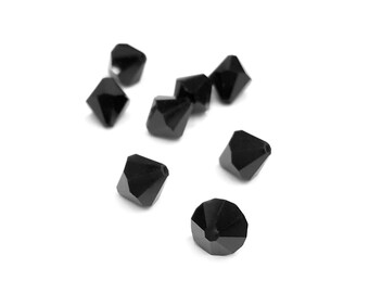 10 Pieces Machine Cut Glass Jet Black Bicone Beads, Czech, Vintage, 12mm