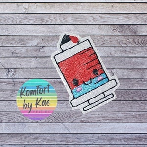 May include: A red and blue cartoon syringe with a smiling face. The syringe is on a woodgrain background.