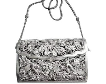 Vintage Chinese Repousse Pierced Sterling Silver Purse With Sterling Silver Shoulder Chain