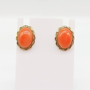 Vintage Italian 14k Gold Oval Peach Pink Coral Earrings