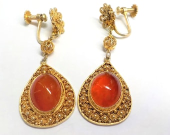 Vintage Chinese Art Deco Style Carnelian Gilt Filigree Screw Back Earrings