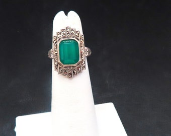 Vintage Art Deco Genomskinlig Krysopras Markasit 925 Sterling Silver Ring Storlek 4
