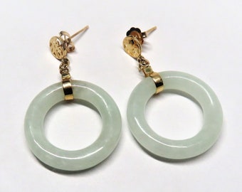 Vintage Chinese 14k. Translucent Green Jadeite Jade Circle Earrings