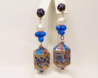 Vintage Chinese Large Enamel Cloisonne Baroque Pearl Lapis Lazuli Dangle Earrings