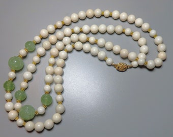 Vintage Chinese Ivory Nephrite Jade Carved Green Jade Shou Focul Beads Gold Vermeil Rondels 39.5" Long Necklace