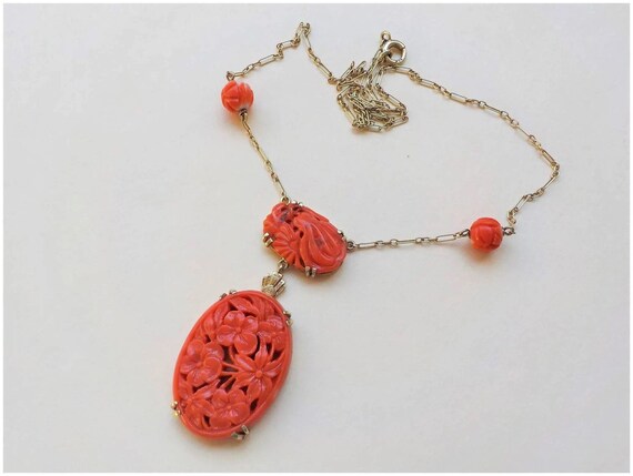 Chinese 14k Art Deco Carved Red Coral Pendant Nec… - image 3