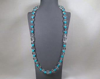 Collana con perline in argento sterling, quarzo turchesi e argento, lunghezza 76 cm, con chiusura a scatola.