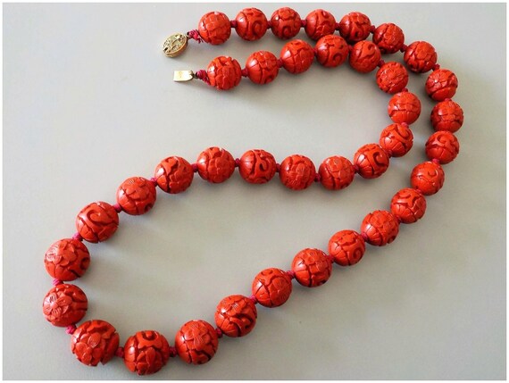 Vintage Chinese Export 1970's Red Cinnabar Neckla… - image 5