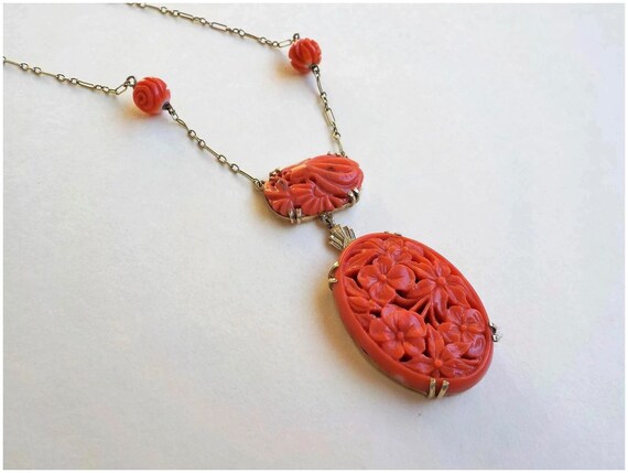 Chinese 14k Art Deco Carved Red Coral Pendant Nec… - image 10