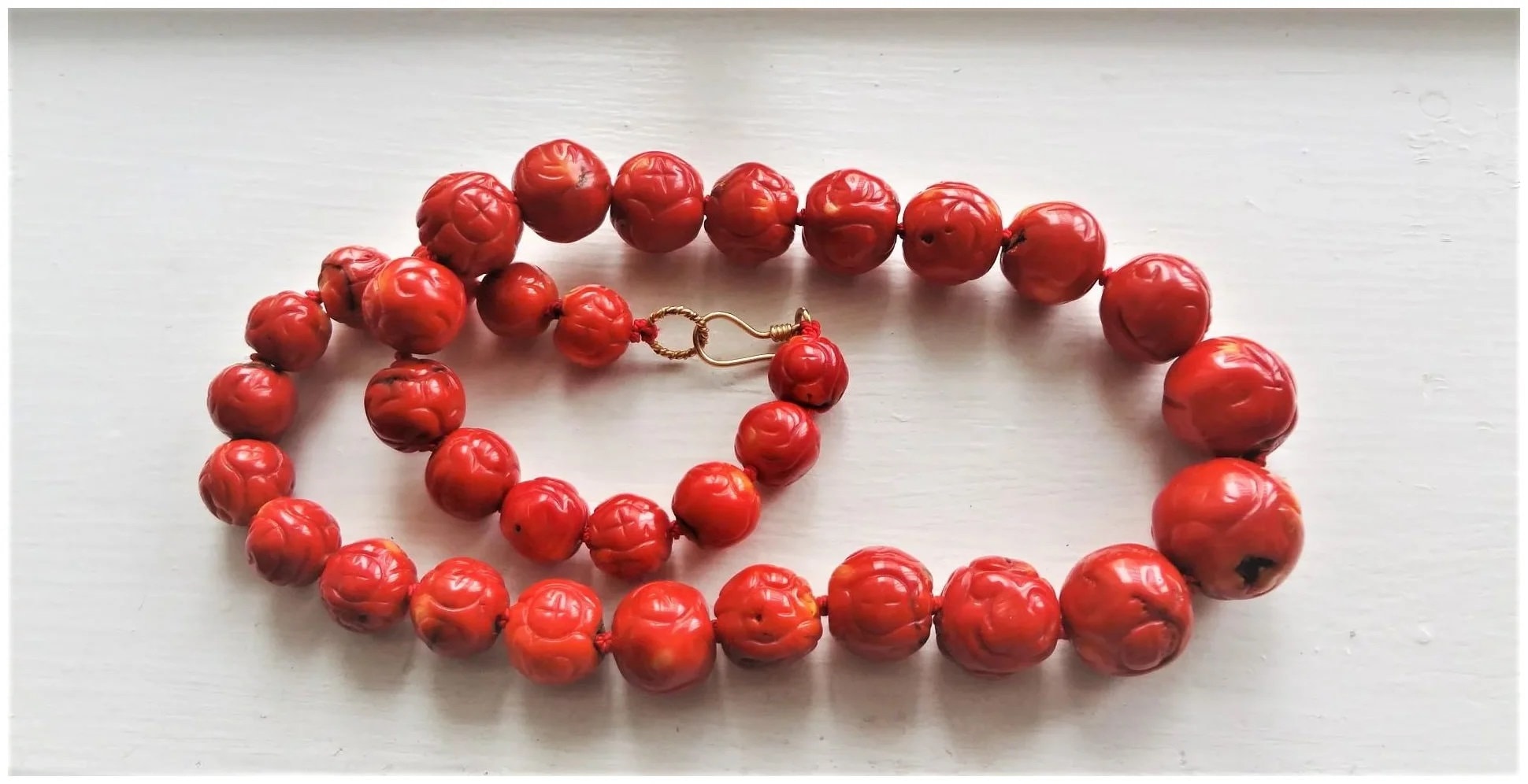 Vintage Chinese Carved Shou Large 23-13mm Red Coral Necklace 209.6