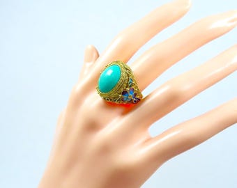 vintage Chinese Art Deco Turquoise Enamel Gold Vermeil Sterling Filigree Adjustable Ring
