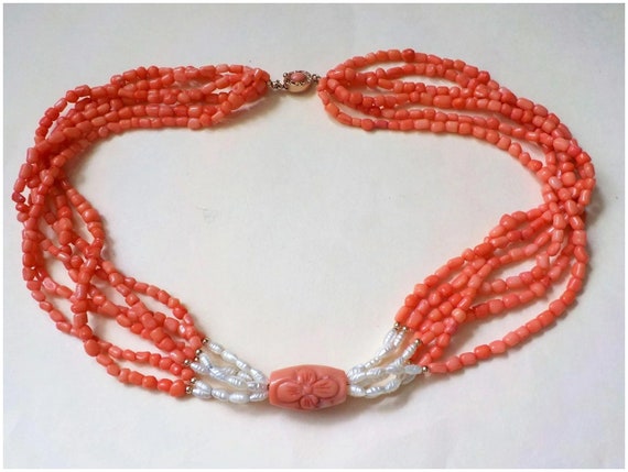 Vintage Chinese Six Strand Salmon Coral White Ric… - image 7