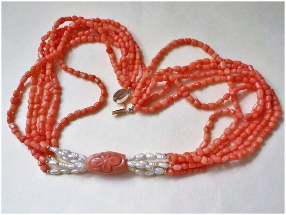 Vintage Chinese Six Strand Salmon Coral White Ric… - image 2