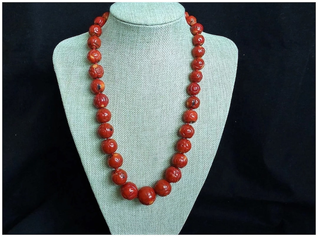 Vintage Chinese Carved Shou Large 23-13mm Red Coral Necklace 209.6