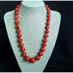 Vintage Chinese Carved Shou Large 23-13mm Red Coral Necklace 209.6 gram