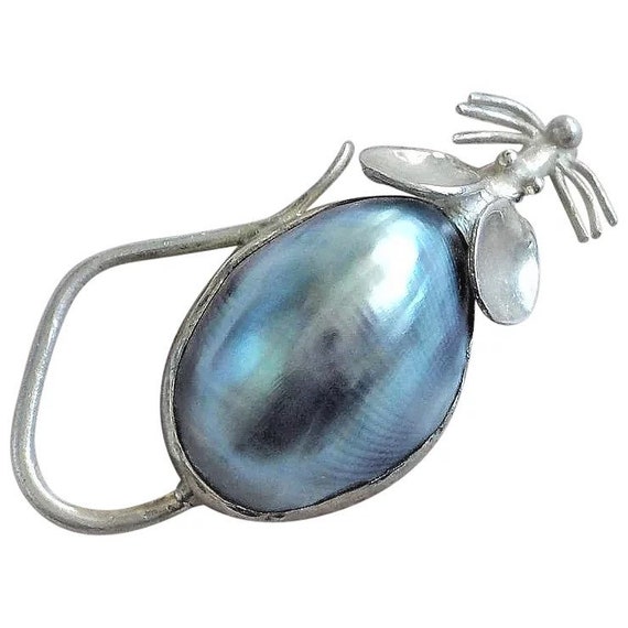 Vintage Blue Mabe Pearl Sterling Silver Mouse Bro… - image 1