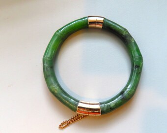Vintage 1970's Chinese Hand Carved Green Nephrite Jade Bamboo Design Hinged Gold Vermeil Sterling Bracelet