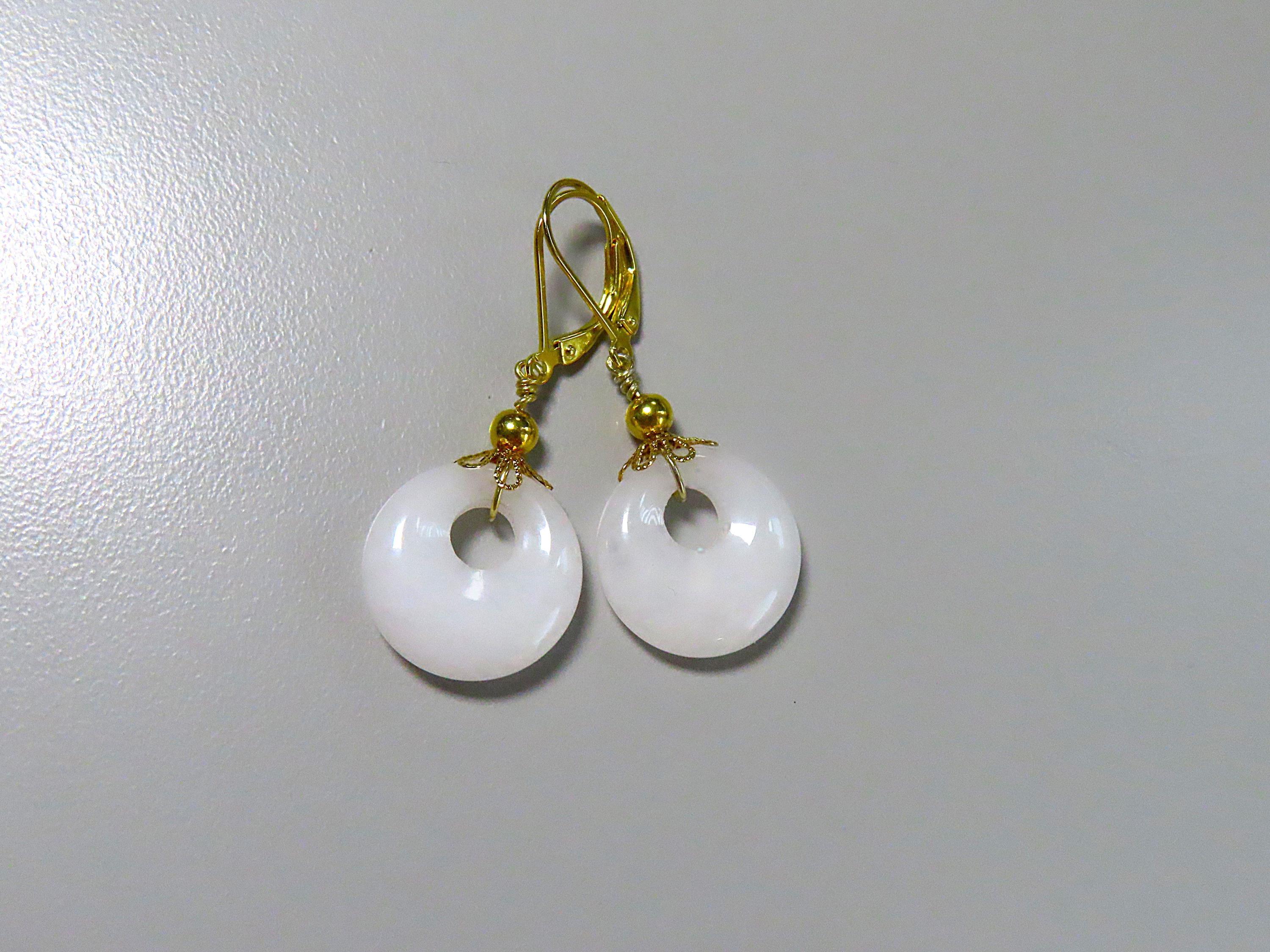 Boucles D'oreilles Anciennes Plaqué Or Avec Pierre Jade Et Pierres Blanches - Pendantes Dormeuses