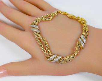 Bracciale vintage a doppia catena a corda in argento sterling placcato oro con diamanti, lunghezza 7,75 pollici.
