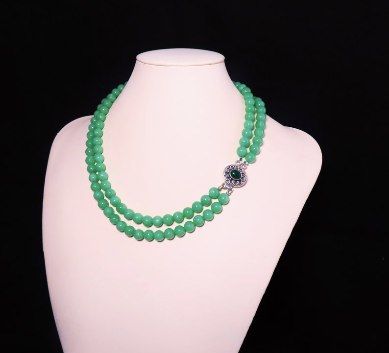 Vintage Genuine Natural Translucent Apple Green Jadeite Jade Two Strand Beaded Necklace Sterling Clasp zdjęcie 4