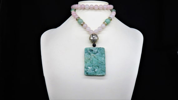 Vintage Chinese Green Jadeite Jade Poem Pendant R… - image 2