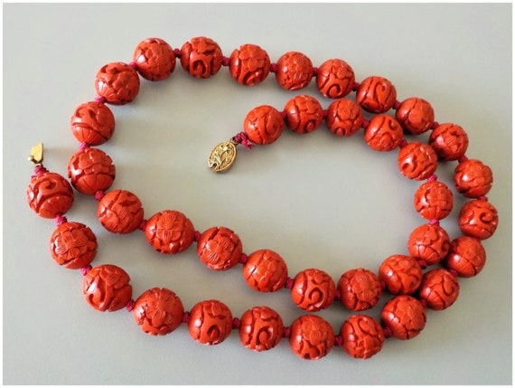 Vintage Chinese Export 1970's Red Cinnabar Neckla… - image 8