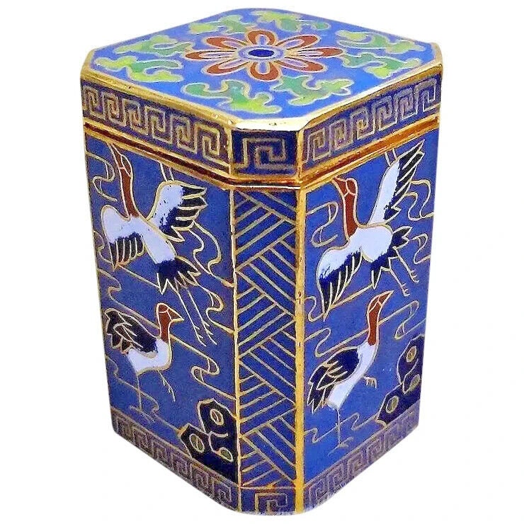 Vintage 1960's Chinese Export Octagonal Blue Cloisonne Trinket Box