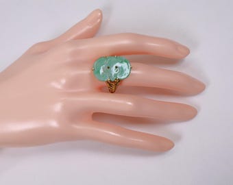 Vintage Art Deco Chinese Lucky Bat Carved Green Jadeite Gold Vermeil Sterling Ring