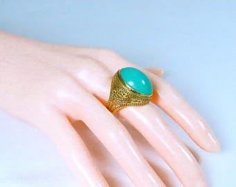 Vintage Chinese Turquoise Gold Vermeil Sterling Silver Adjustable Filigree Ring