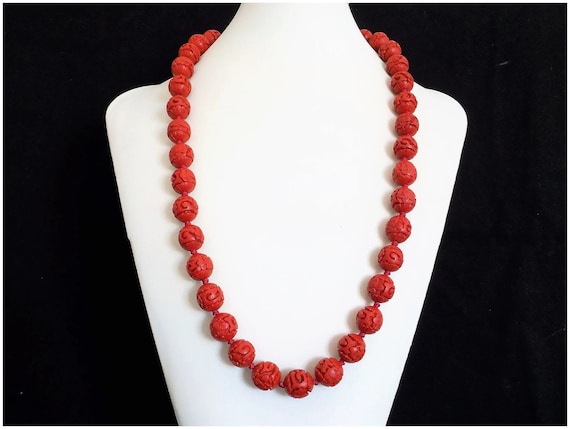 Vintage Chinese Export 1970's Red Cinnabar Neckla… - image 3