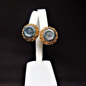 Vintage Chinese Art Deco Style Black Nephrite Jade Gilded Filigree Earrings